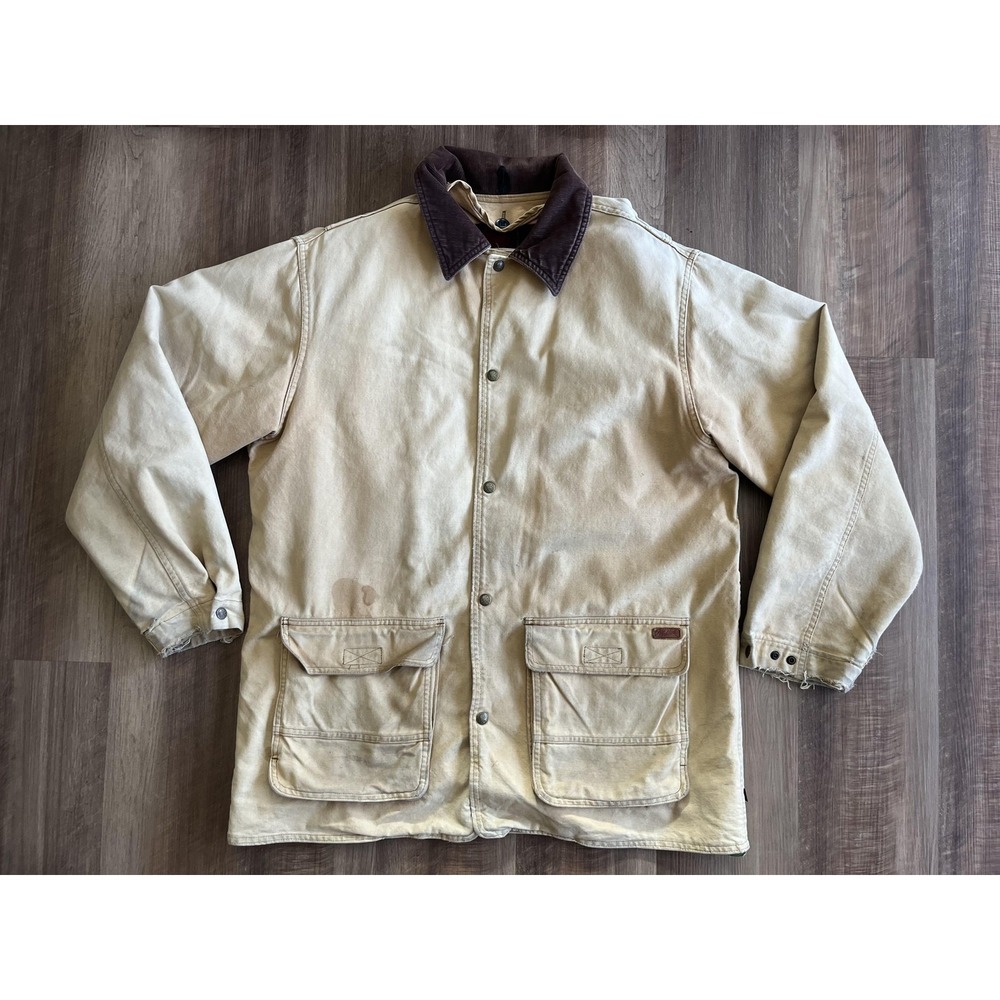 Woolrich‎ Jacket Mens L Tall Tan Duck Canvas Barn Coat Plaid Lined Made In USA